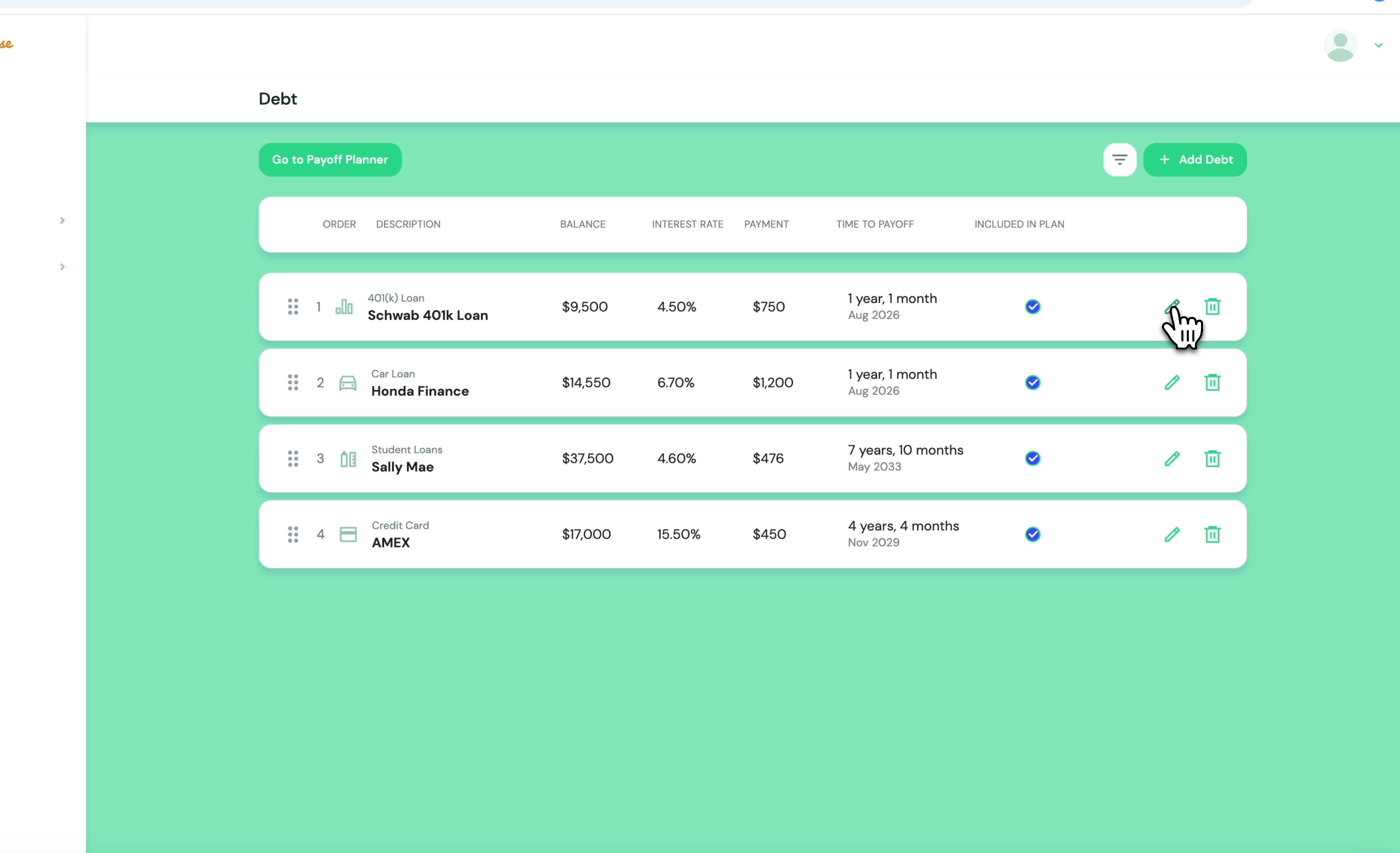 Debt list with drag-and-drop ordering and strategy options.